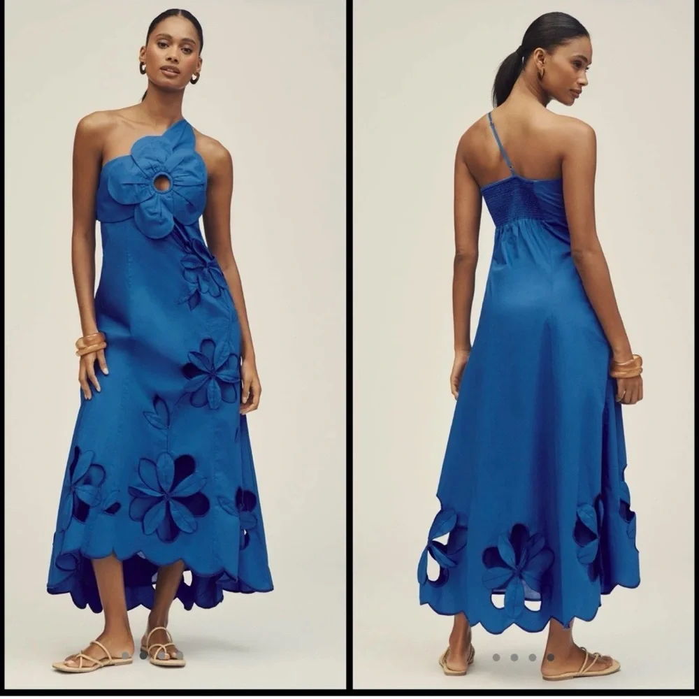 ANTHROPOLOGIE One-Shoulder Cutwork Dress Sz XXS Blue Floral Appliqué STUNNING - Picture 1 of 13